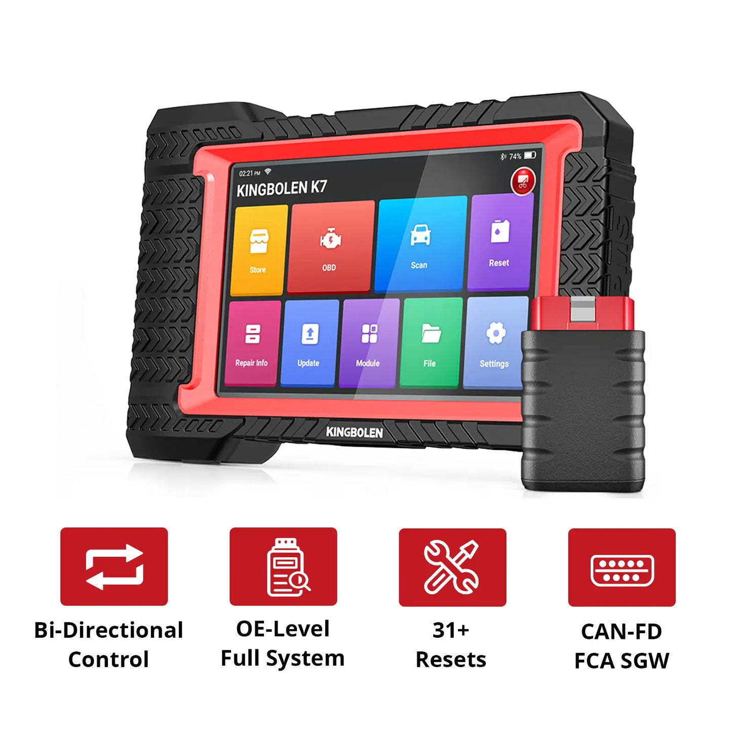 KINGBOLEN K7 diagnostic scan tool with bi‑directional control, oe‑level full‑system diagnostics, 31 reset functions, CAN FD and FCA SGW support