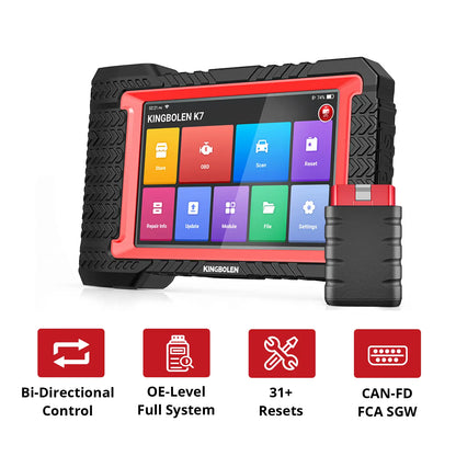 KINGBOLEN K7 diagnostic scan tool with bi‑directional control, oe‑level full‑system diagnostics, 31 reset functions, CAN FD and FCA SGW support