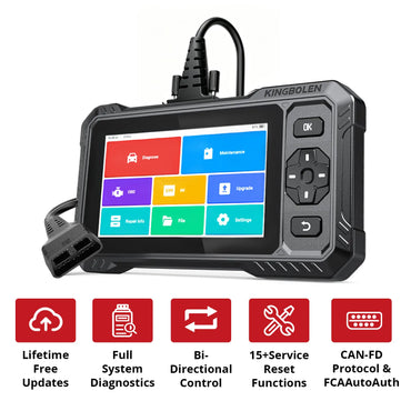 KINGBOLEN S6 Elite car scanner featuring lifetime free updates, ECU coding, full‑system diagnosis, bi‑directional control, 15 resets, CAN FD and FCA AutoAuth