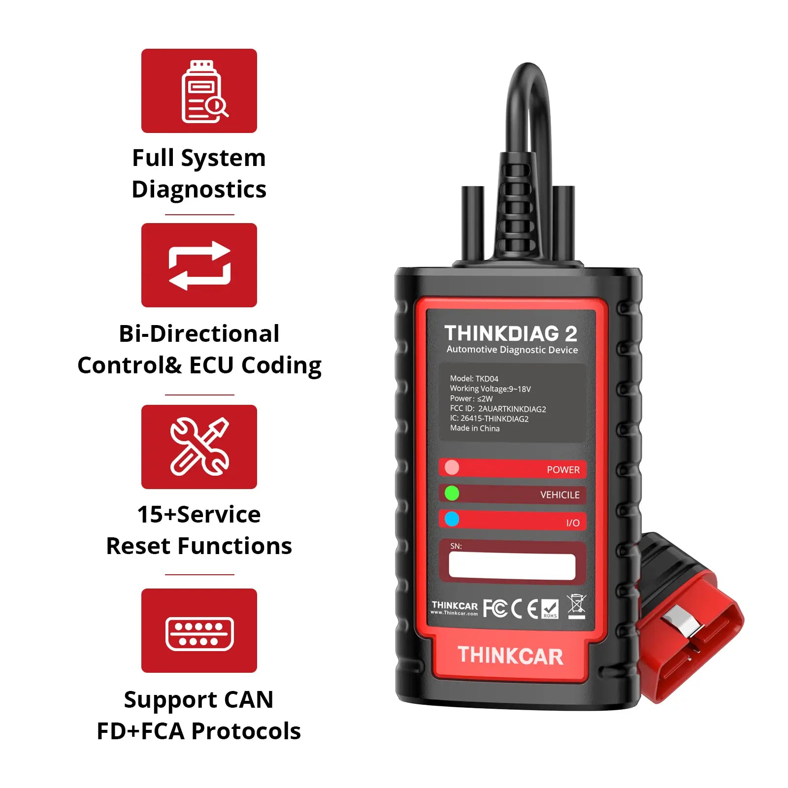 THINKCAR ThinkDiag 2 OBD2 scanner key features including full system diagnostics, bi-directional control, ECU coding, 15 service resets, CAN FD and FCA protocol support